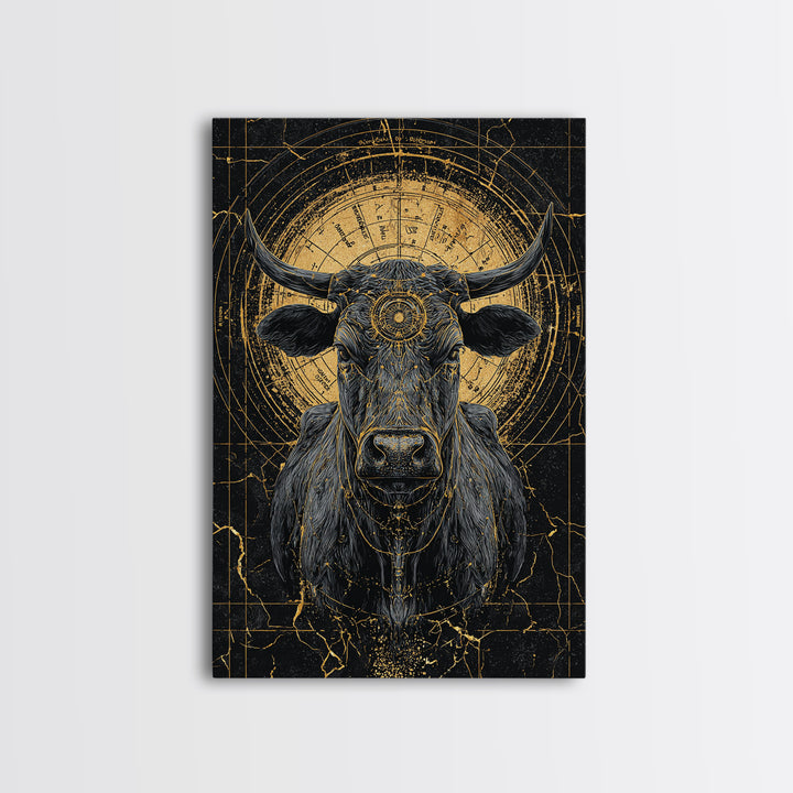 Sacred Black And Gold Bull Framed Canvas Print, Geometric Animal Wall Art, Mystical Farm Decor, Dramatic Statement Piece