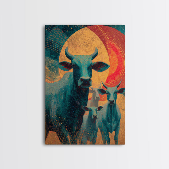 Retro Teal Cattle Family Canvas Print, Orange Sun Animal Wall Decor, Southwestern Farm Painting, Bold Living Room Art Gift