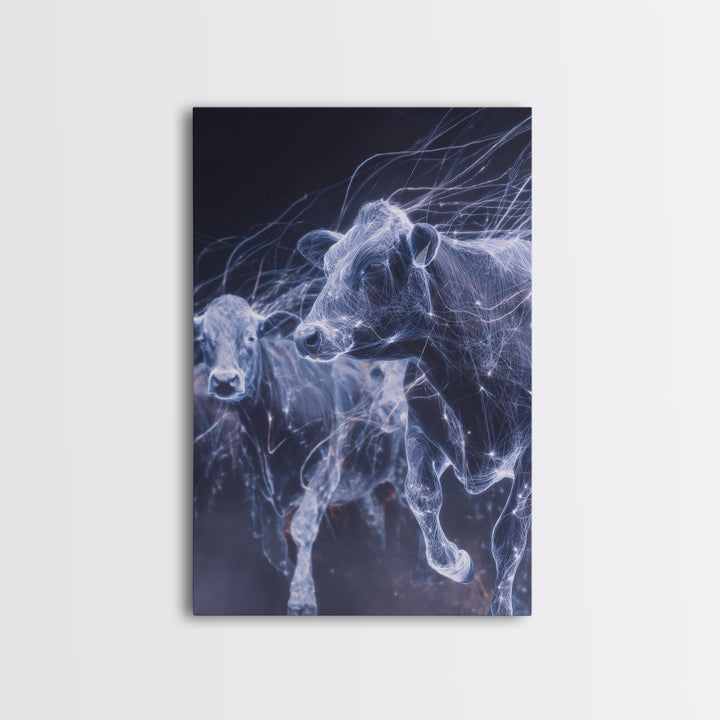 Glowing Running Cows Wall Art, Ethereal Blue Animal Canvas Print, Motion Study Farm Decor, Dreamy Modern Statement Piece