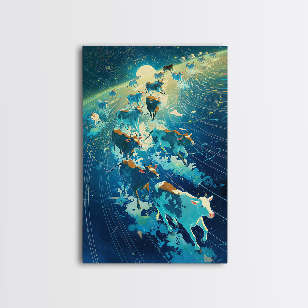 Cosmic Cattle Herd In Motion Wall Art, Blue Galaxy Animal Canvas Print, Dynamic Farm Decor, Unique Living Room Statement