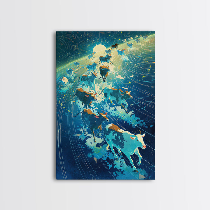 Cosmic Cattle Herd In Motion Wall Art, Blue Galaxy Animal Canvas Print, Dynamic Farm Decor, Unique Living Room Statement