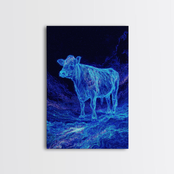 Electric Blue Cow Landscape Canvas Print, Neon Animal Wall Art, Mystical Night Farm Decor, Modern Nature Scene Painting Gift