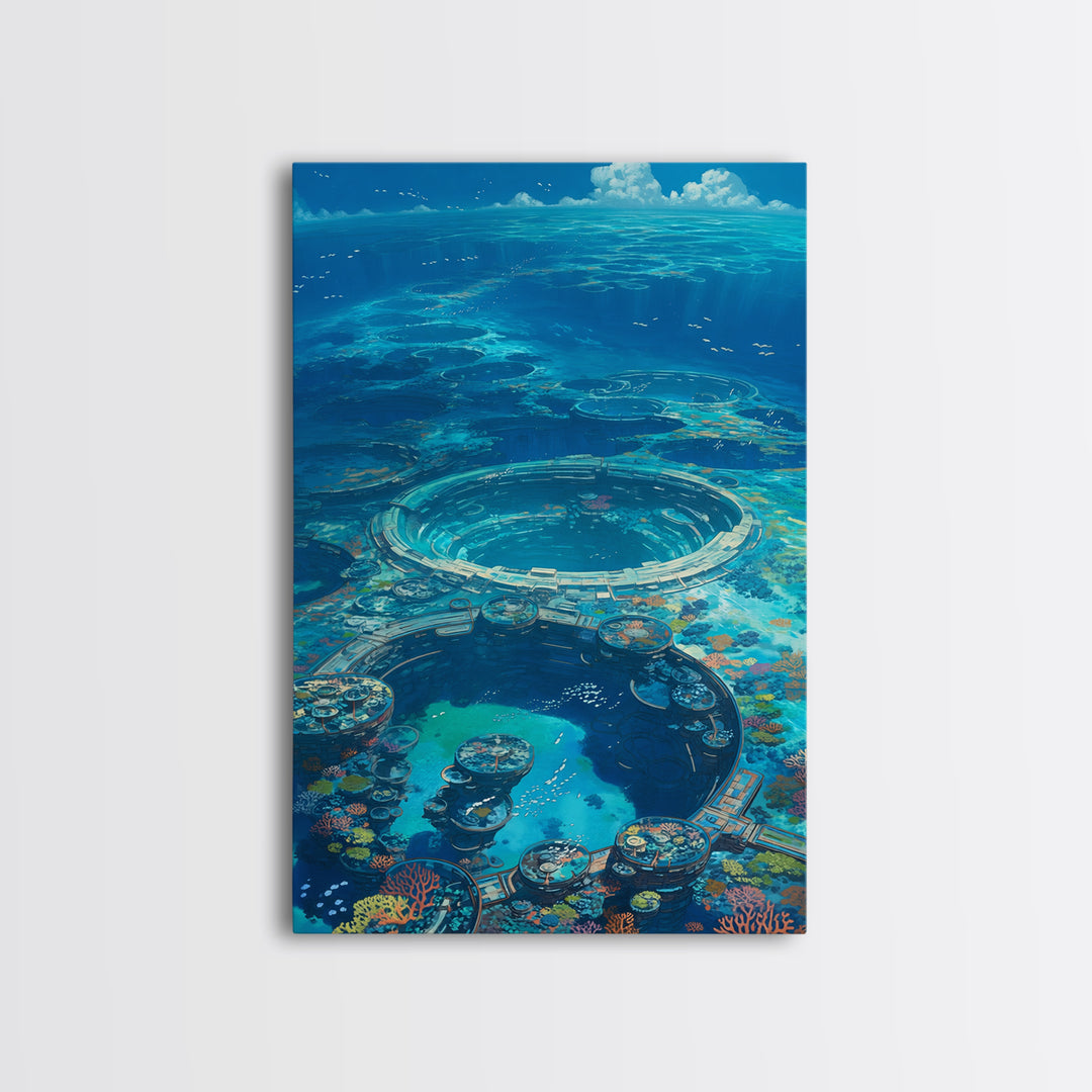 Underwater Ocean City With Coral Reef, Canvas Print, Blue Beach Art, Modern Wall Decor, Living Room Art, Unique Home Decor Gift