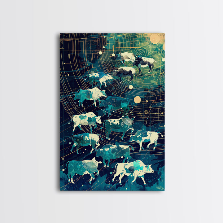 Celestial Cattle Herd Under Golden Star Map, Wall Art, Farm Animal Painting, Modern Canvas Art, Rustic Decor, Unique Gift