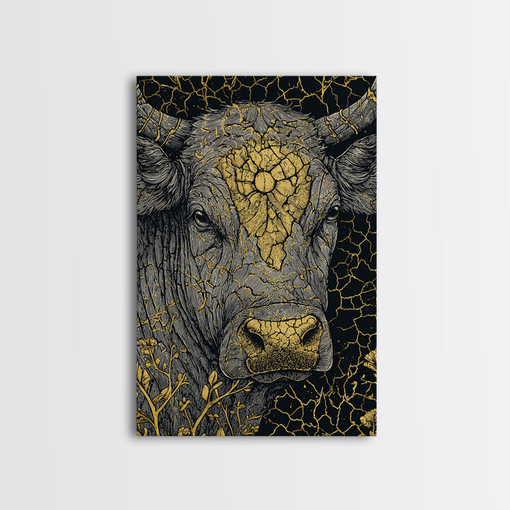 Cracked Gold Bull Portrait With Horns, Framed Canvas Print, Animal Wall Art, Black And Gold Art, Rustic Decor Statement Piece