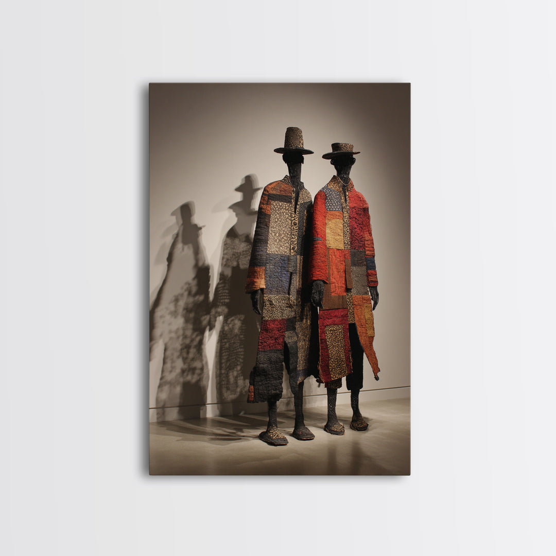 Patchwork African Textile Figures In Hats, Framed Canvas Print, African Art Sculpture, Tribal Decor, Cultural Home Decor Gift