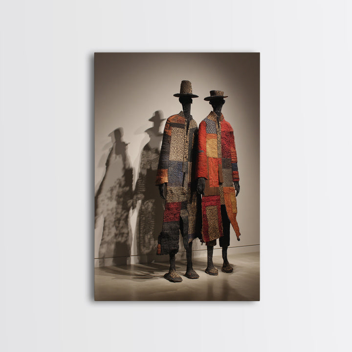 Patchwork African Textile Figures In Hats, Framed Canvas Print, African Art Sculpture, Tribal Decor, Cultural Home Decor Gift