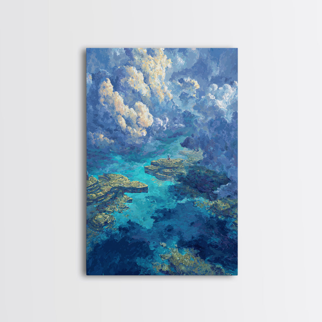 Dreamy Turquoise Ocean And Cloudscape Wall Art, Blue Nature Scene Art, Coastal Fantasy Landscape, Modern Canvas Decor Gift