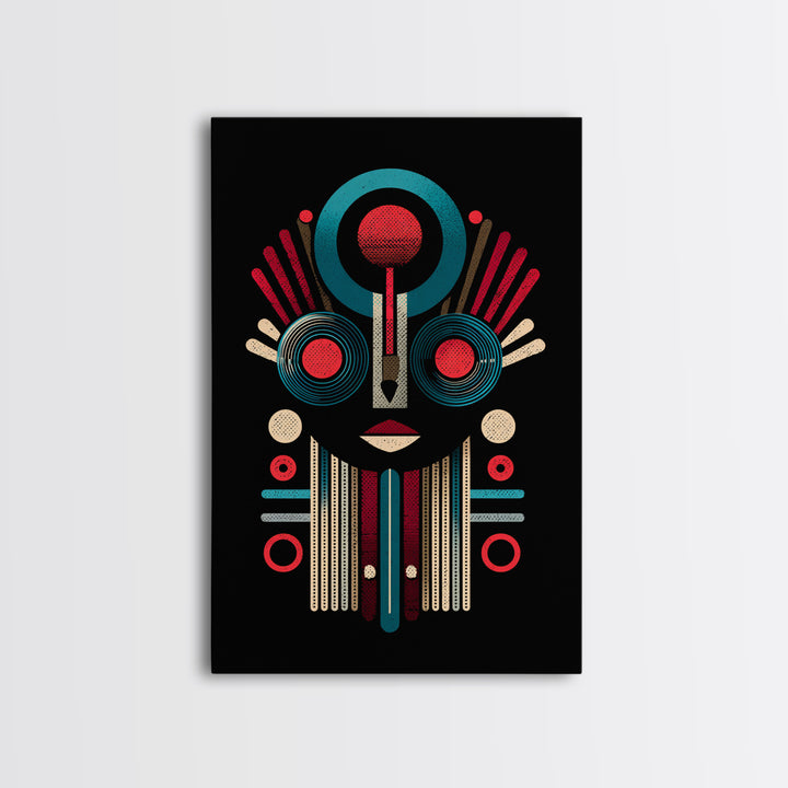 Geometric Tribal Mask In Red And Teal Canvas Print, African Mask Art, Abstract African Art, Afrocentric Wall Home Decor Gift