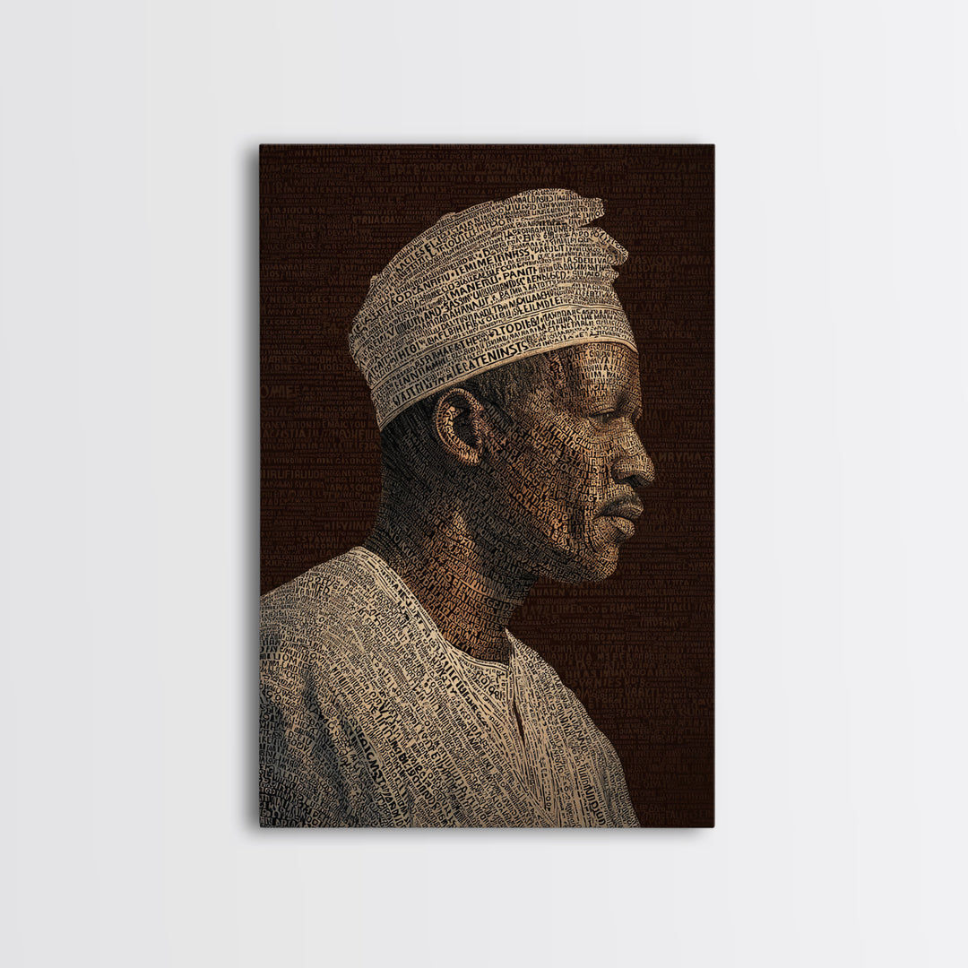 Sepia African Man Profile In Text Canvas Print, Black Man Artful Portrait, African American Art, Cultural Wall Decor Gift