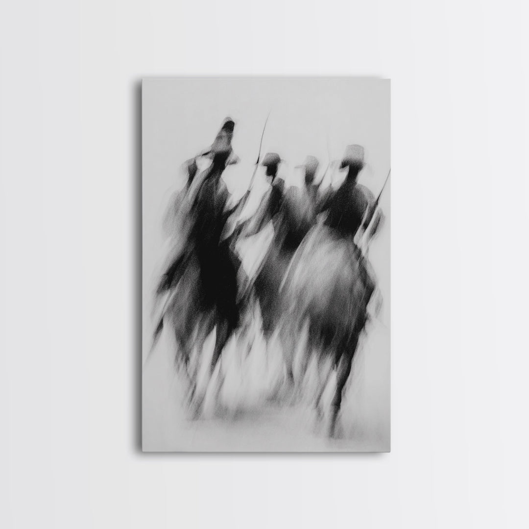 Blurred African Warriors Framed Canvas Print, Tribal Horsemen Wall Decor, Black And White Safari Art, Cultural Home Gift