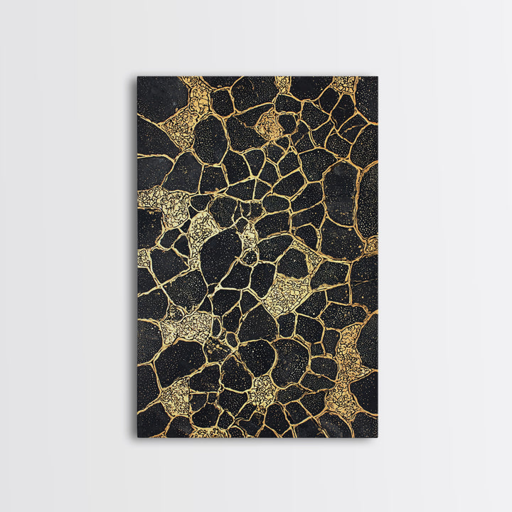 Black Gold Abstract Wall Art, Kintsugi Inspired Pattern Canvas, Luxury Modern Decor, Geometric Texture Print, Stylish Home Gift