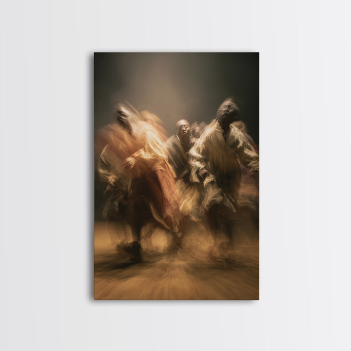 Golden African Dancers Framed Canvas Print, Expressive Motion Painting, Afrocentric Cultural Wall Decor, Dramatic Home Gift