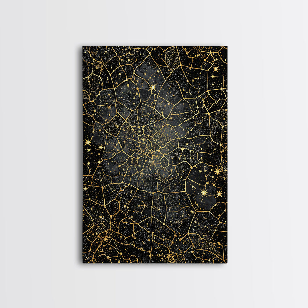 Black And Gold Celestial Crackle Pattern, Abstract Wall Art, Luxury Canvas Print, Geometric Home Decor, Starry Art, Modern Black Decor