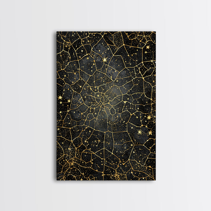 Black And Gold Celestial Crackle Pattern, Abstract Wall Art, Luxury Canvas Print, Geometric Home Decor, Starry Art, Modern Black Decor