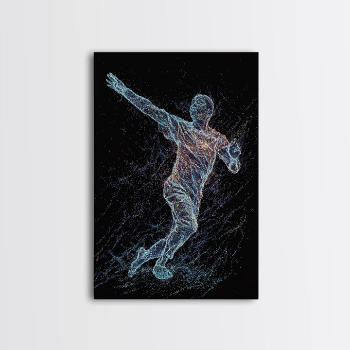 Glowing Soccer Player In Motion, Black Wall Art, Modern Canvas Print, Athletic Sports Decor, Futuristic Digital Art Gift