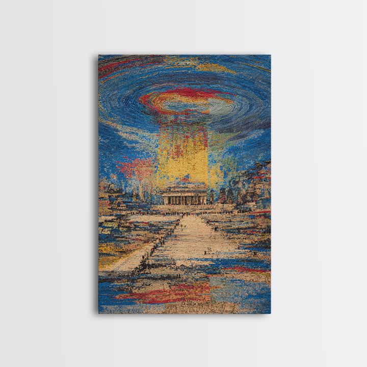 Monument Under Cosmic Portal, Modern Wall Art, Framed Canvas Print, Cityscape Home Decor, Sci Fi Abstract Statement Gift