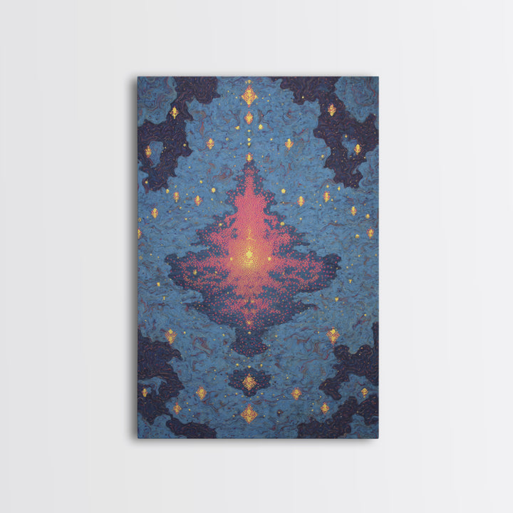 Blue Pink Glowing Mandala Reflection, Abstract Wall Art, Modern Canvas Print, Spiritual Meditation Room Decor, Colorful Gift