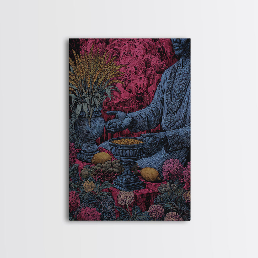 Floral Ritual Still Life With Reaching Hand, Cultural Wall Art, Framed Canvas Print, Afrocentric Ceremony Home Decor Gift