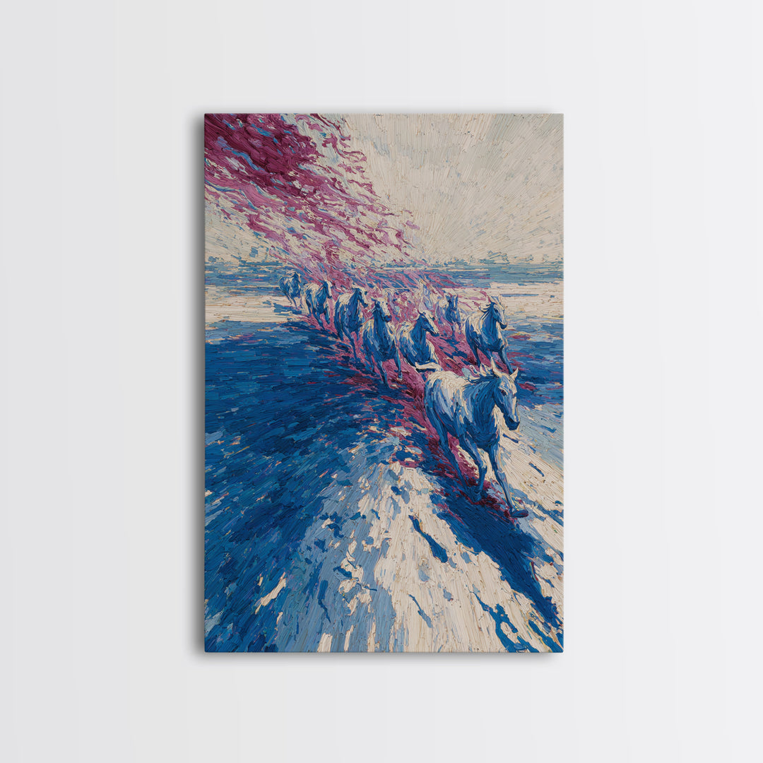 Blue Horses Running On Beach Wall Art, Abstract Coastal Canvas, Wild Horse Painting, Modern Living Room Decor Statement Gift