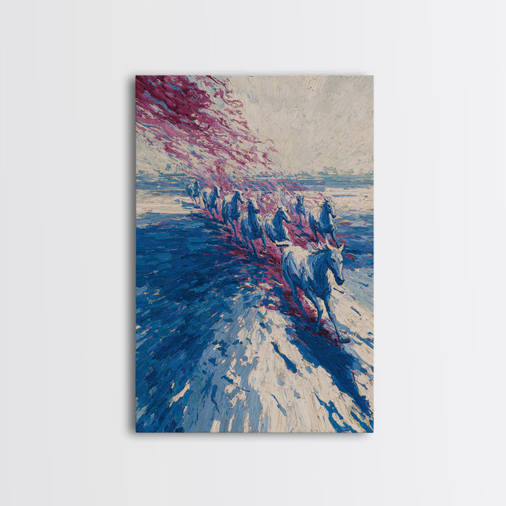 Blue Horses Running On Beach Wall Art, Abstract Coastal Canvas, Wild Horse Painting, Modern Living Room Decor Statement Gift