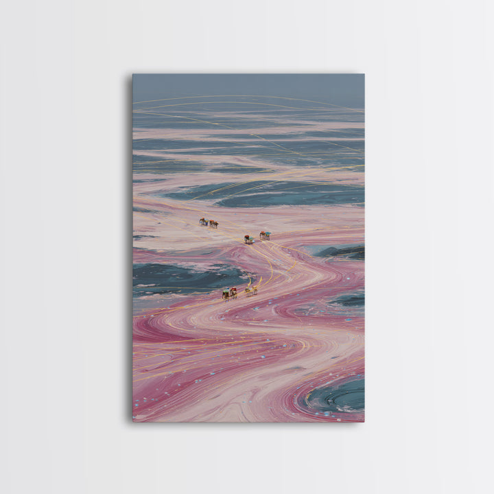 Pastel Desert Caravan Trails Canvas Print, Surreal Landscape Wall Decor, Dreamy Abstract Art For Unique Modern Home Decor