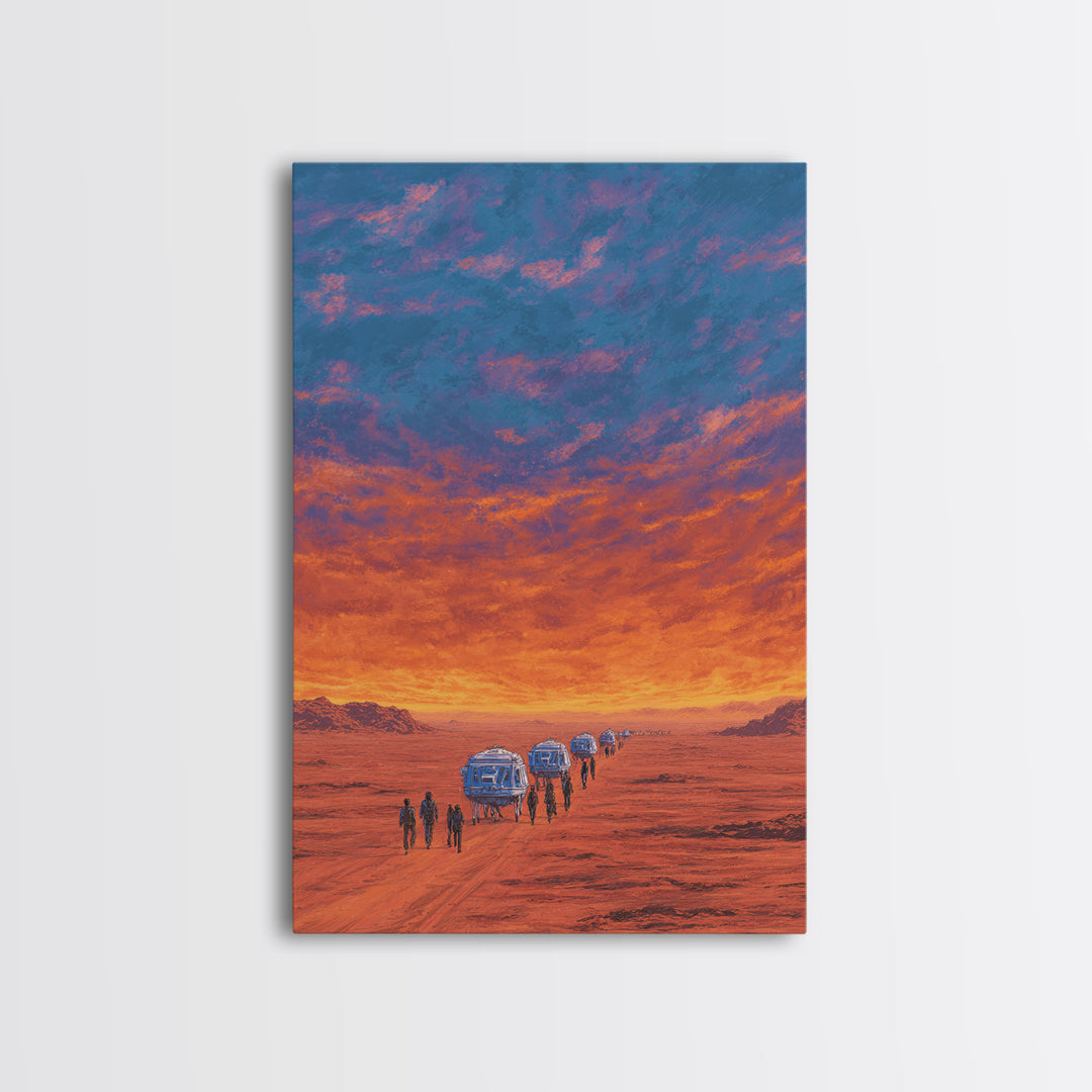 Futuristic Desert Convoy At Sunset Wall Art, Orange Sci Fi Landscape, Mars Travel Poster, Modern Canvas Statement Decor Gift