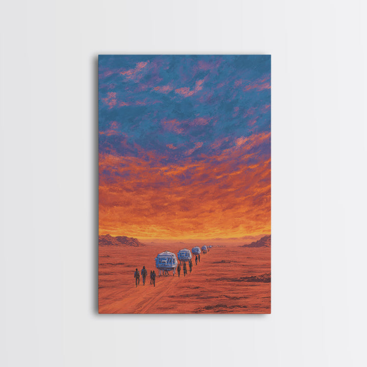 Futuristic Desert Convoy At Sunset Wall Art, Orange Sci Fi Landscape, Mars Travel Poster, Modern Canvas Statement Decor Gift