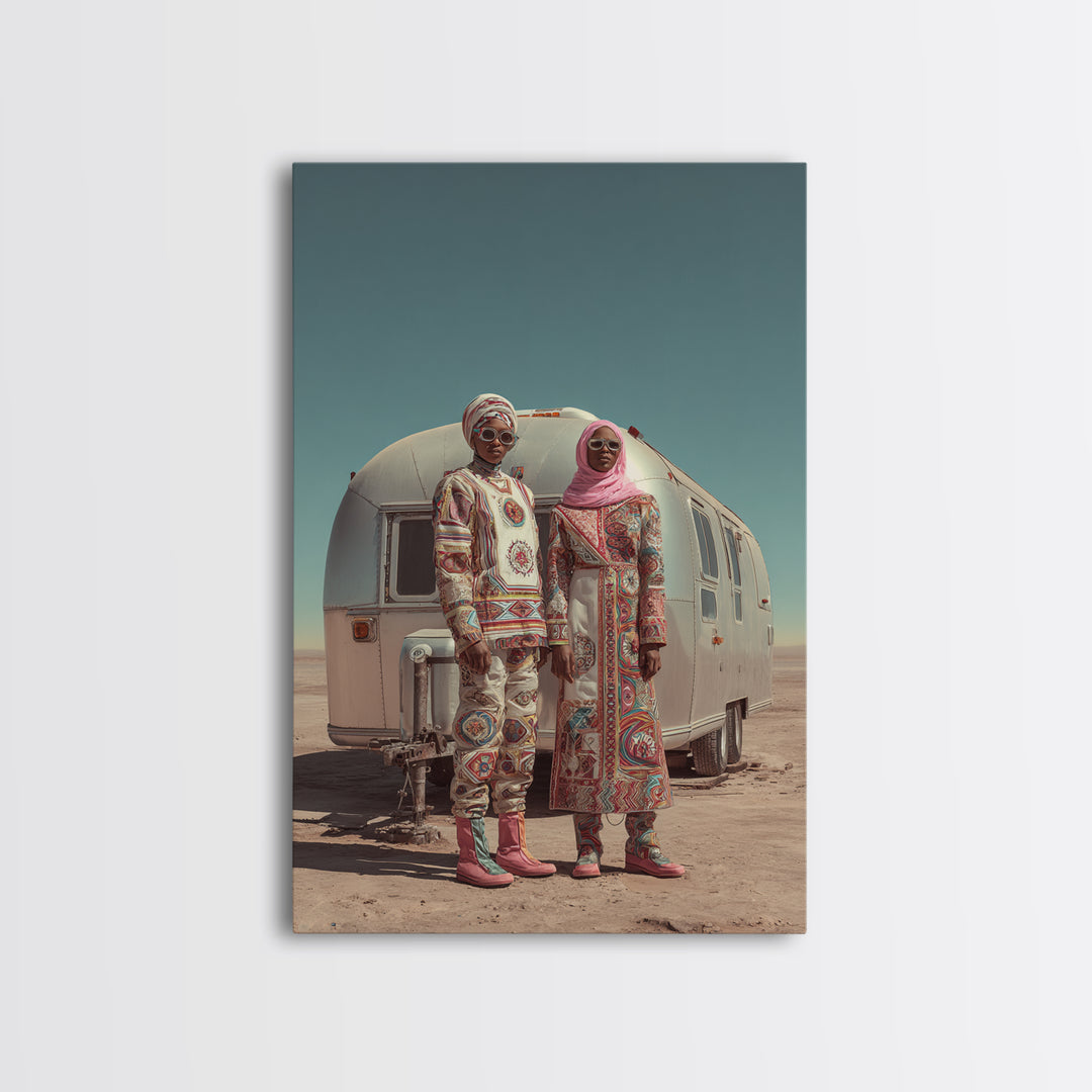 Afrofuturist Desert Couple Framed Canvas Print, African Fashion Portrait, Unique Camper Travel Wall Decor, Black Art Gift