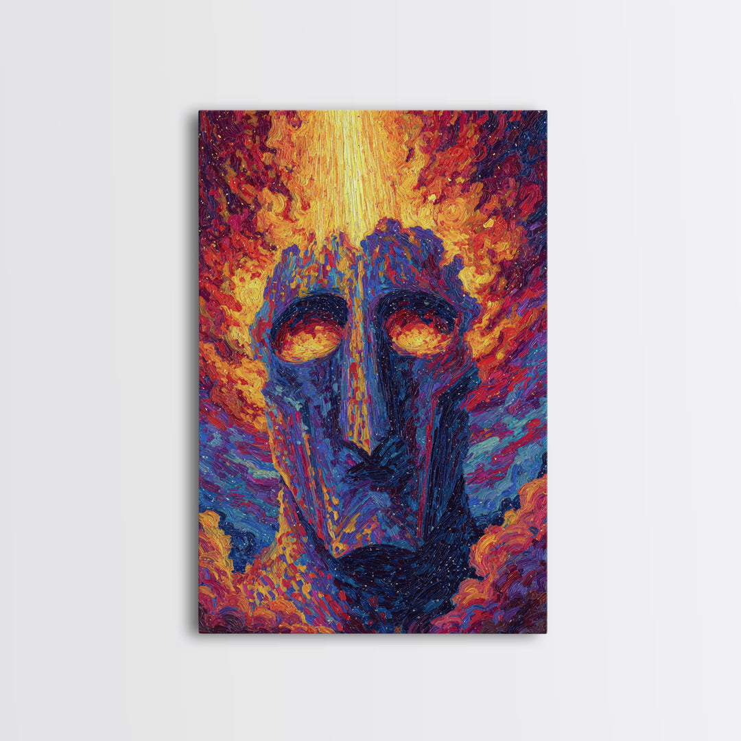 Fiery African Mask Canvas Print, Abstract Tribal Face Painting, Afrocentric Wall Decor, Modern Colorful African Art Gift