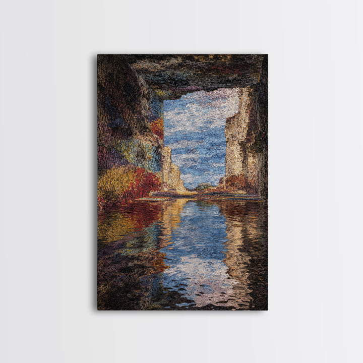 Ocean Cave Reflection Wall Art, Impressionist Seascape Painting, Coastal Landscape Canvas, Nature Scene Living Room Decor
