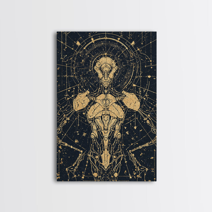 Gold Celestial Cyborg Blueprint Canvas Print, Afrofuturism Wall Decor, Sacred Geometry Robot Art, Modern Black And Gold Decor