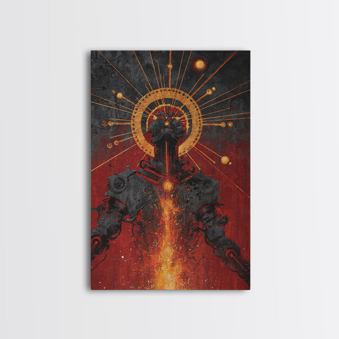 Black Android With Golden Halo Framed Canvas Print, Afrofuturism Wall Art, Red Fire Robot Portrait, Spiritual Decor Gift