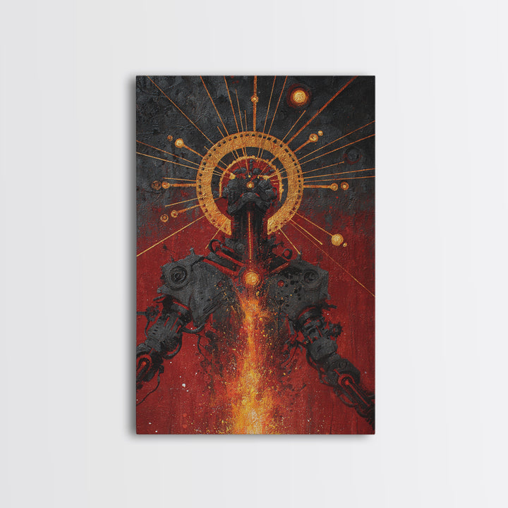 Black Android With Golden Halo Framed Canvas Print, Afrofuturism Wall Art, Red Fire Robot Portrait, Spiritual Decor Gift