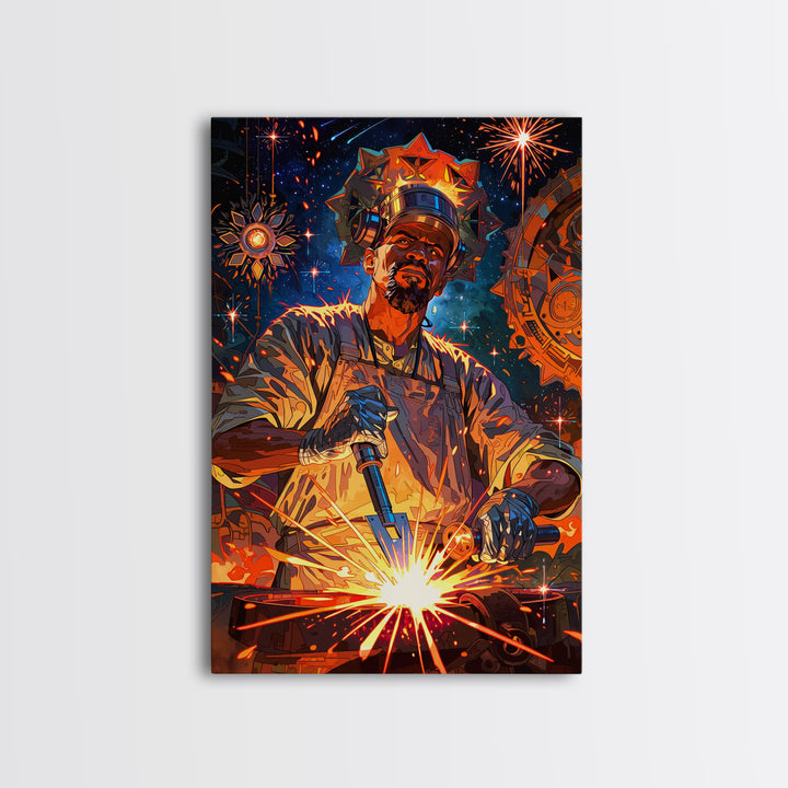 Regal Black Welder Forging Sparks Wall Art, Afrocentric Industrial Portrait, Black Man Art, Modern African Art Decor Gift
