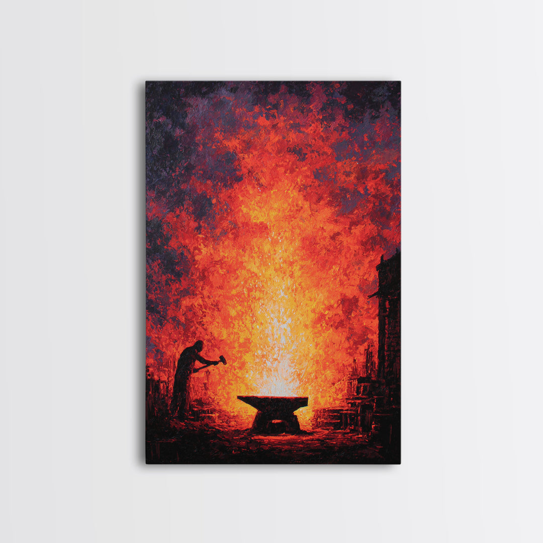 Lone Blacksmith Before Blazing Forge Wall Art, Fiery African Inspired Painting, Rustic Industrial Home Decor Gift For Him