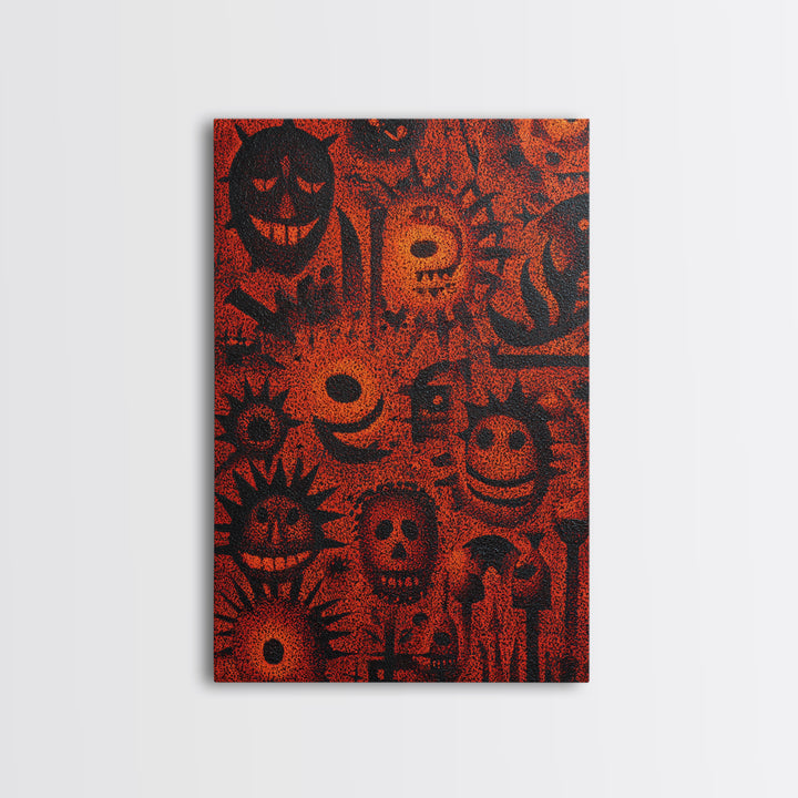 Orange African Mask Pattern Canvas Print, Tribal Symbols Abstract Wall Decor, Afrocentric Art, Cultural Home Decor Gift Idea