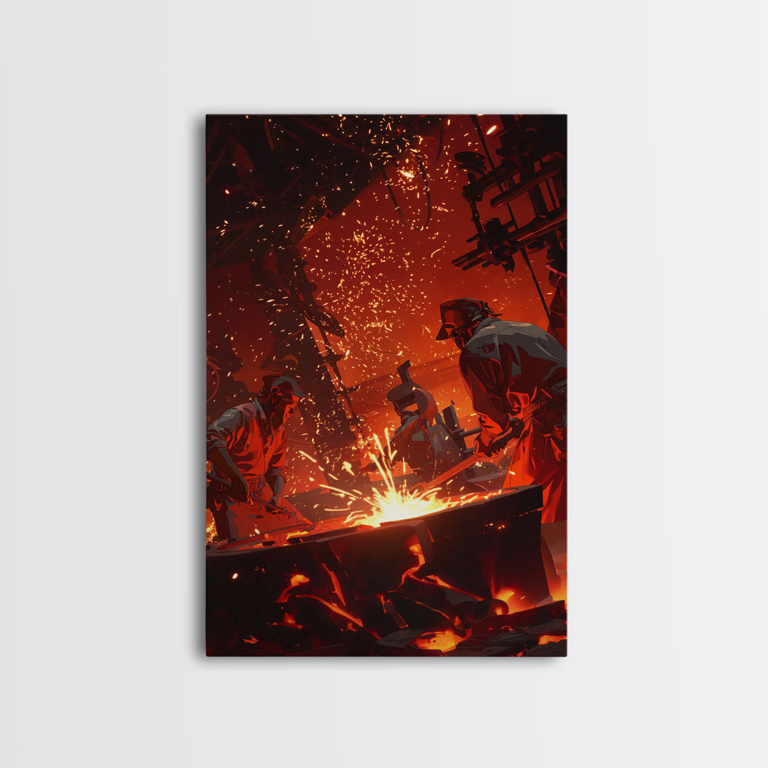 Two Foundry Workers Amid Sparks Framed Canvas Print, Fiery Industrial Wall Art, African Inspired Workshop Decor For Him Gift