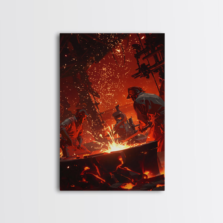 Two Foundry Workers Amid Sparks Framed Canvas Print, Fiery Industrial Wall Art, African Inspired Workshop Decor For Him Gift