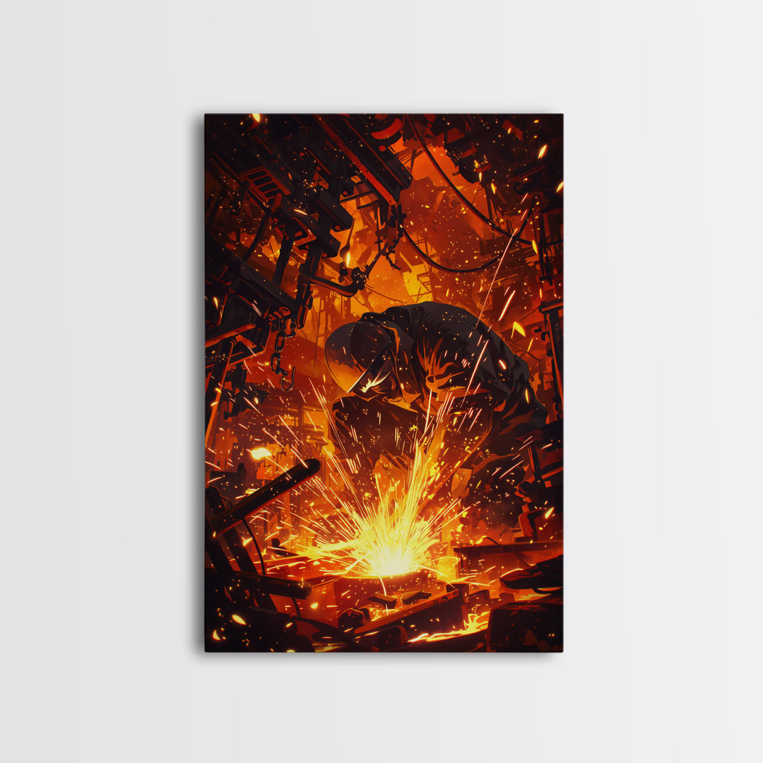 Crouching Welder In Fiery Workshop Canvas Print, Industrial Black Art, Orange Sparks Wall Decor, Unique Home Decor Gift Idea