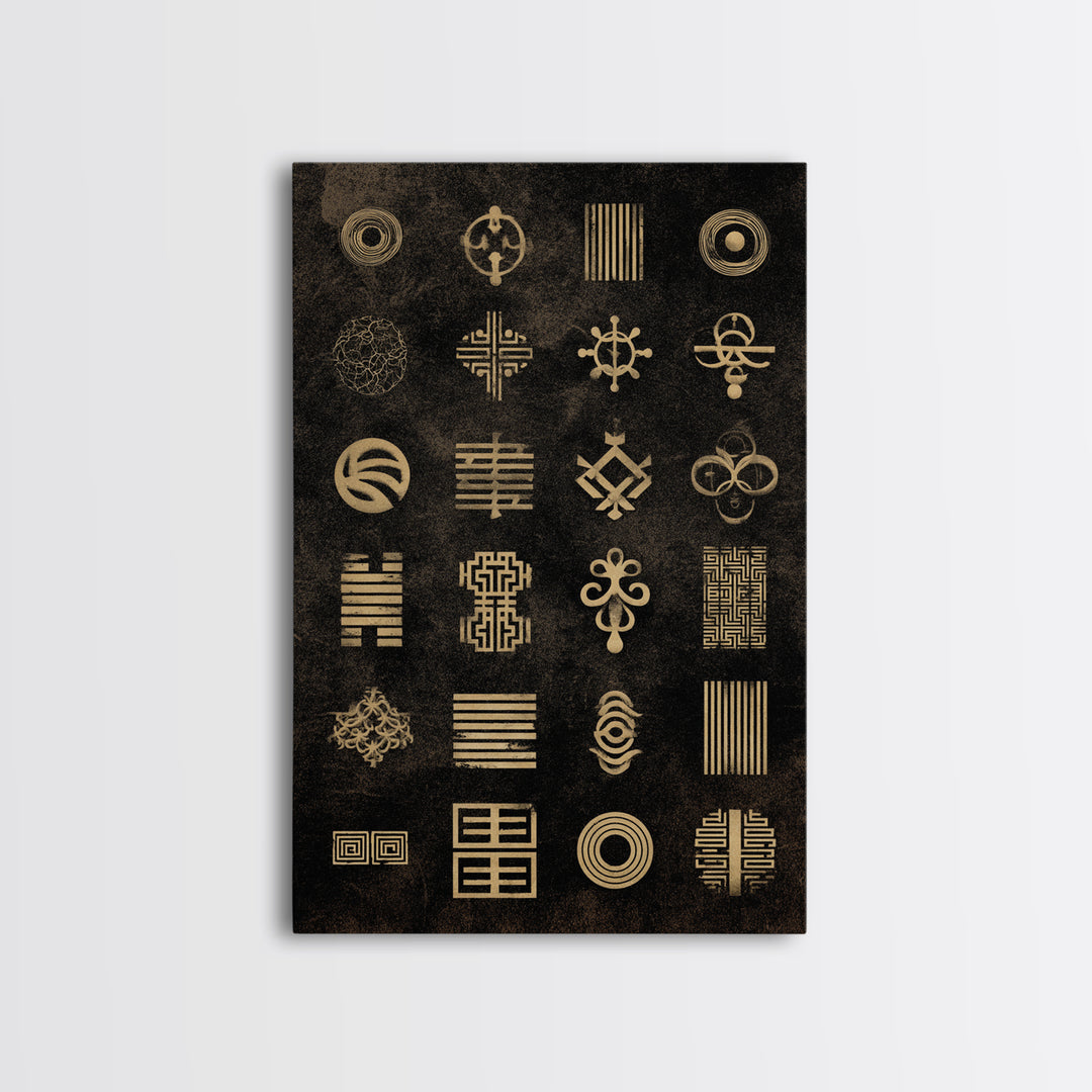 Gold African Adinkra Symbols Wall Art, Geometric Tribal Pattern, Black And Gold Art, Afrocentric Cultural Decor Gift Idea