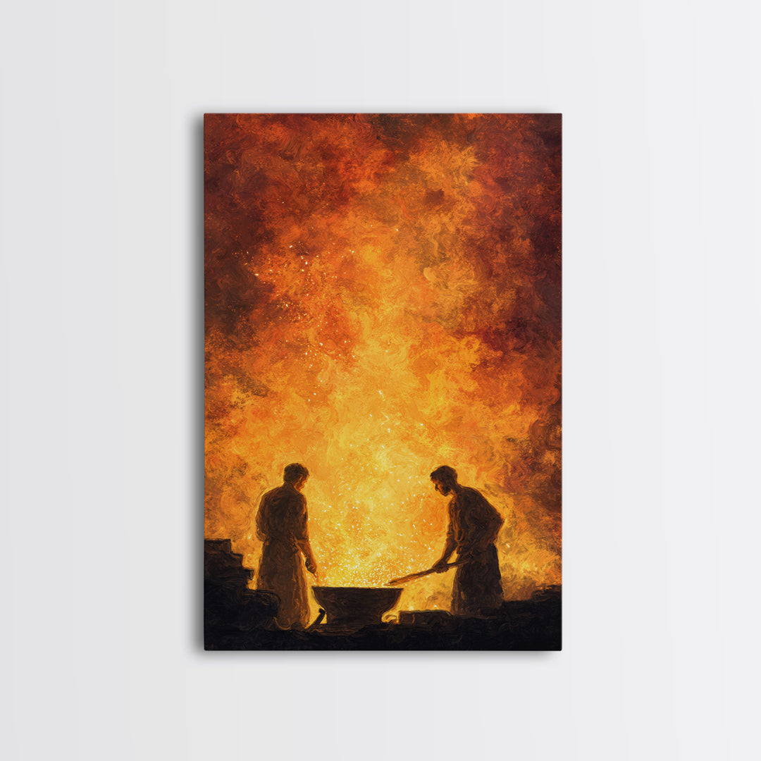 Two Blacksmiths Tending Glowing Forge Wall Art, Fiery African Inspired Painting, Rustic Workshop Home Decor Gift For Him