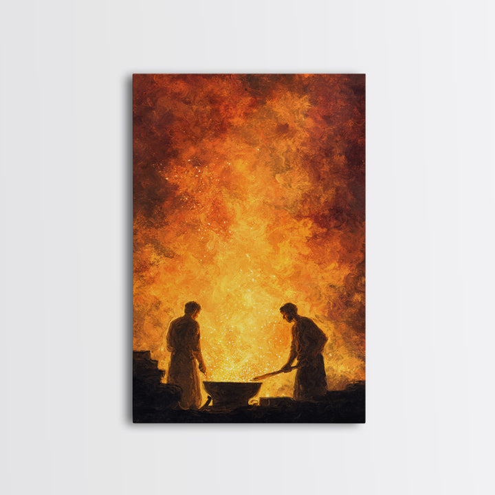 Two Blacksmiths Tending Glowing Forge Wall Art, Fiery African Inspired Painting, Rustic Workshop Home Decor Gift For Him