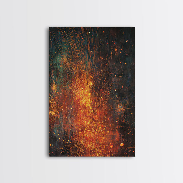 Abstract Fire Sparks Texture Canvas Print, Orange Black Industrial Wall Art, Modern Abstract Art, Unique Home Decor Gift