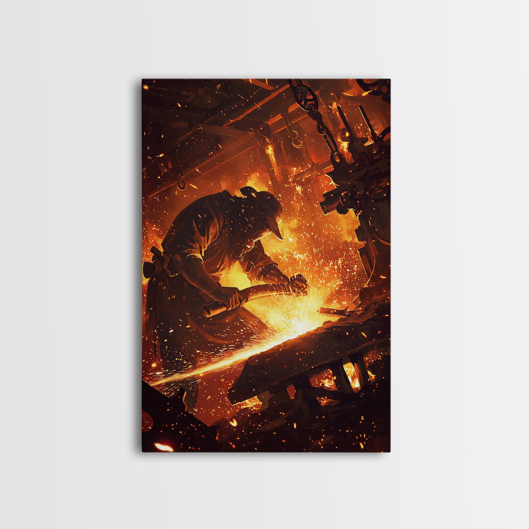 Blacksmith Hammering Hot Steel Framed Canvas Print, Fiery Industrial Wall Art, African Inspired Workshop Decor Gift For Him