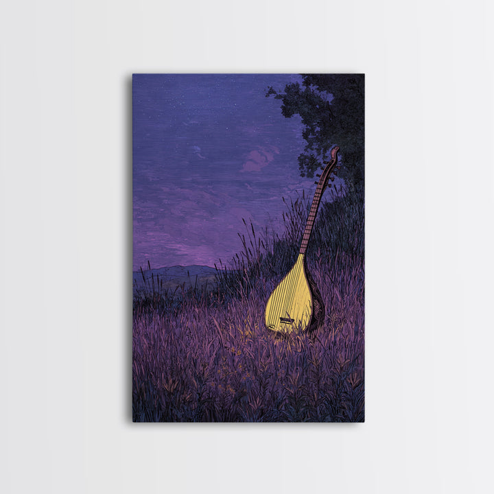 Glowing Kora In Purple Grass Wall Art, African Music Night Scene, Afrocentric Decor, Dreamy Cultural Canvas Print, Gift For Music Lovers