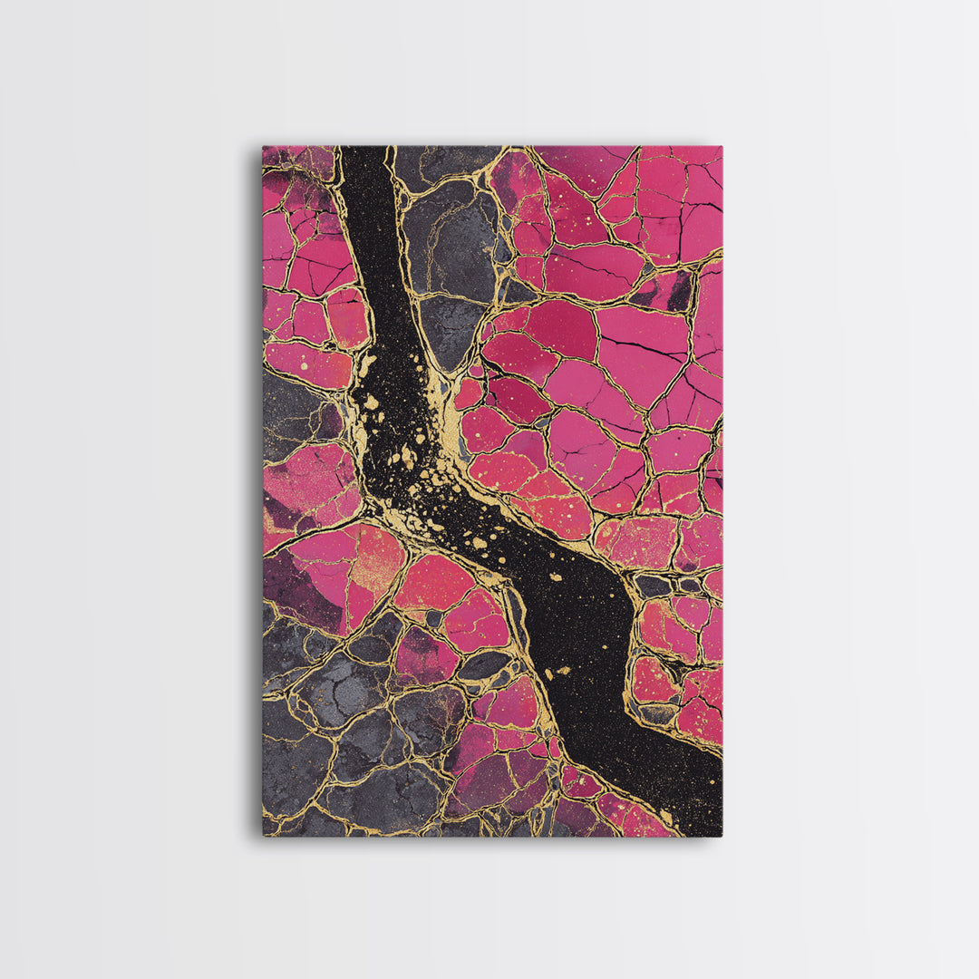 Pink Gold Kintsugi Abstract Wall Art, Cracked Stone Texture Painting, Modern Geometric Decor, Bold Contemporary Canvas Print