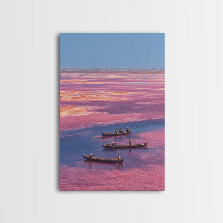 Pink Lake Boats African Landscape Wall Art, Senegal Salt Flats Canvas Print, Travel Decor, Serene Coastal Unique Artwork Gift