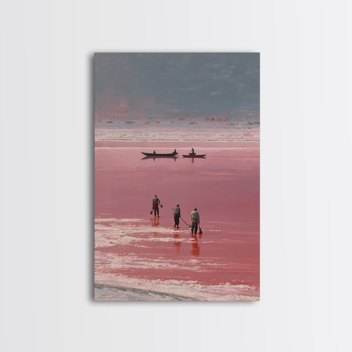 Rose Salt Lake Workers Canvas Print, African Landscape Wall Art, Pink Water Boats, Travel Poster, Serene Home Decor Gift