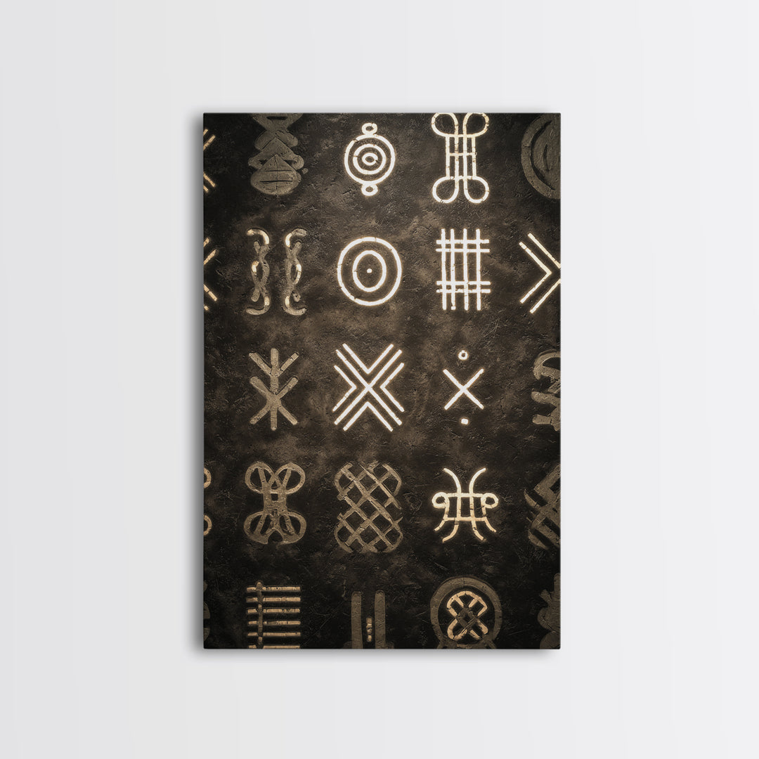 African Tribal Symbols Wall Art, Black And Gold Pattern Canvas Print, Mud Cloth Inspired Decor, Cultural Geometric Poster